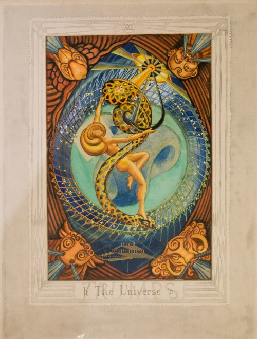 Original painting of Aleister Crowleys tarot card 'The Universe', on loan from The Warburg Institute. Photography (c) Tony Antoniou